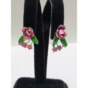 Vintage Enamel Rose Earrings Screw Back Pink Flower Cluster Rhinestone